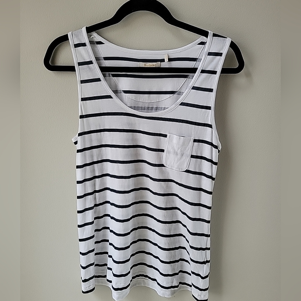 Barbour Women Size 14 Blue And White Striped Tank Sleeveless Front Pocket